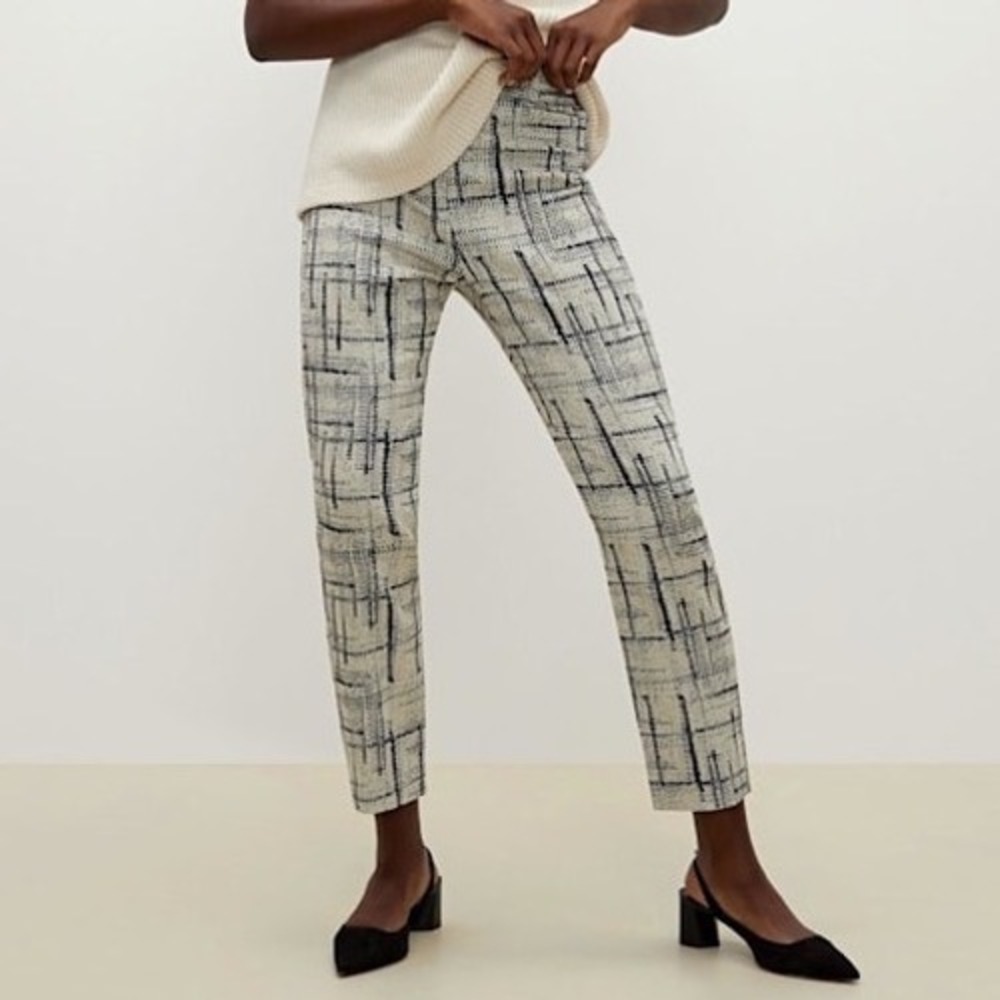 M.M.LaFleur Condesa Pant Women 4 Ivory Blue Cubist Jacquard Slim Cropped 13280